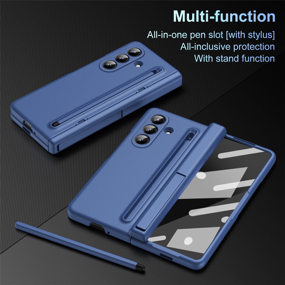 For Samsung Galaxy Z Fold7 5G Case Kickstand PC Phone Back Cover with Stylus and Tempered Glass Film - Sapphire