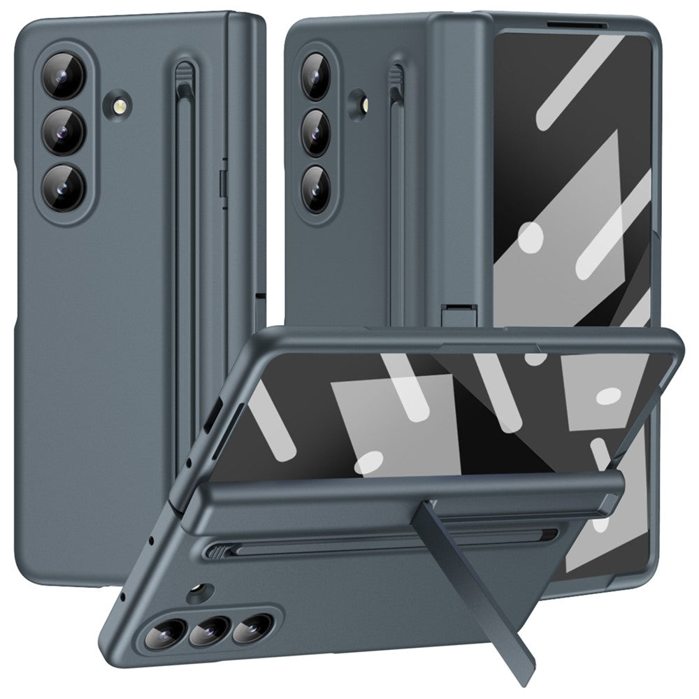 For Samsung Galaxy Z Fold7 5G Case Kickstand PC Phone Back Cover with Stylus and Tempered Glass Film - Grey Green