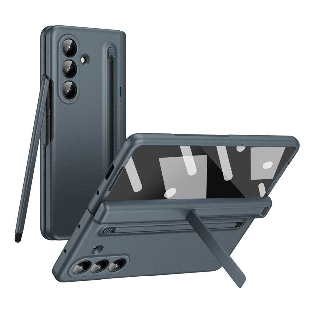 For Samsung Galaxy Z Fold7 5G Case Kickstand PC Phone Back Cover with Stylus and Tempered Glass Film - Grey Green
