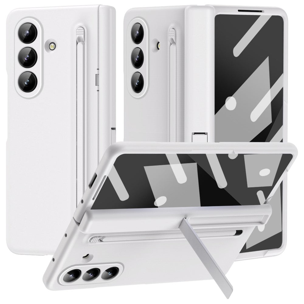 For Samsung Galaxy Z Fold7 5G Case Kickstand PC Phone Back Cover with Stylus and Tempered Glass Film - White