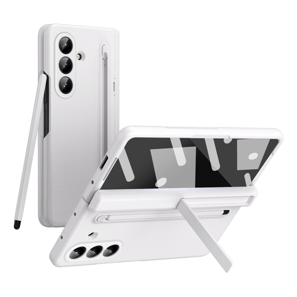 For Samsung Galaxy Z Fold7 5G Case Kickstand PC Phone Back Cover with Stylus and Tempered Glass Film - White