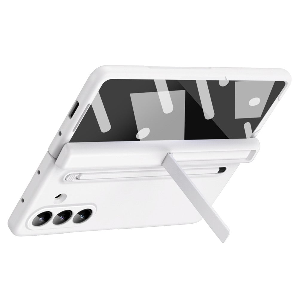 For Samsung Galaxy Z Fold7 5G Case Kickstand PC Phone Back Cover with Stylus and Tempered Glass Film - White