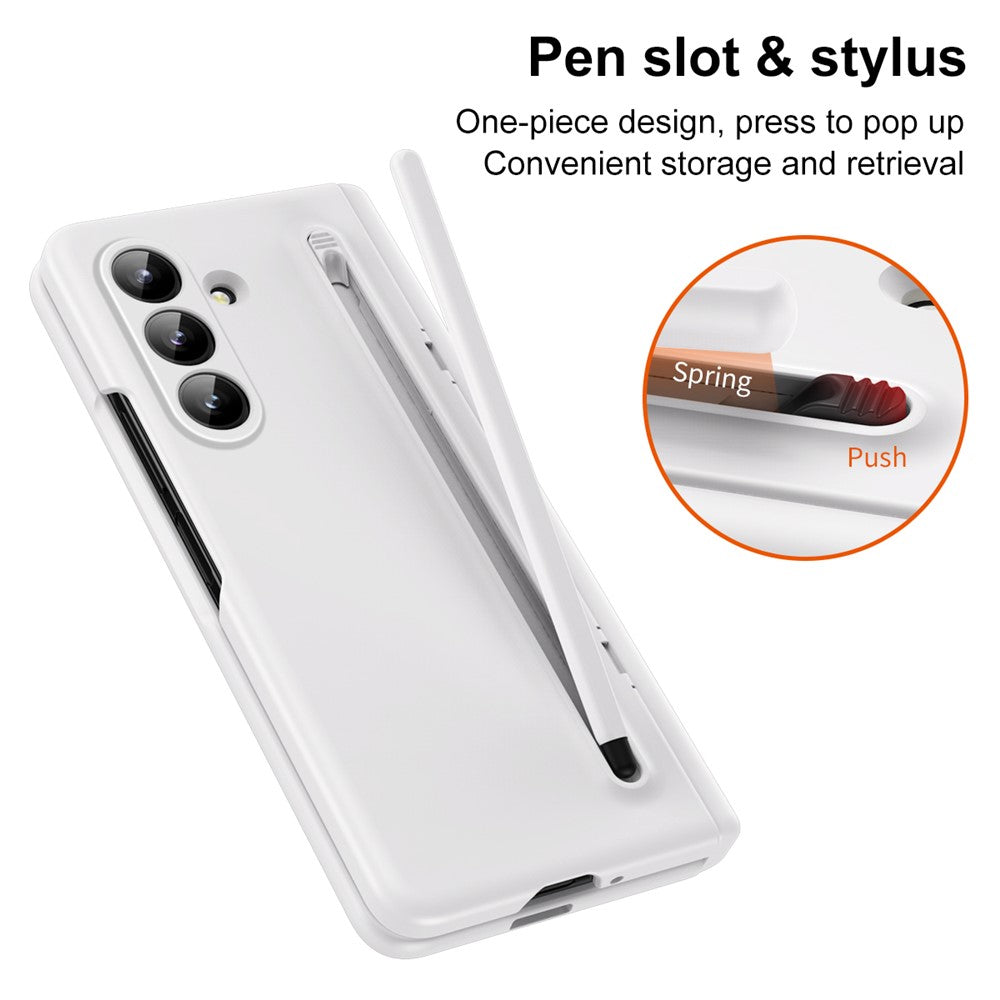 For Samsung Galaxy Z Fold7 5G Case Kickstand PC Phone Back Cover with Stylus and Tempered Glass Film - White