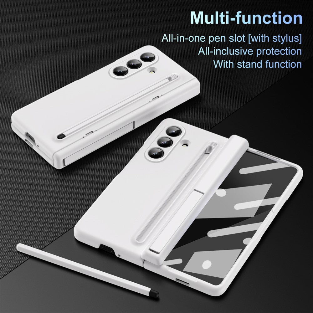 For Samsung Galaxy Z Fold7 5G Case Kickstand PC Phone Back Cover with Stylus and Tempered Glass Film - White
