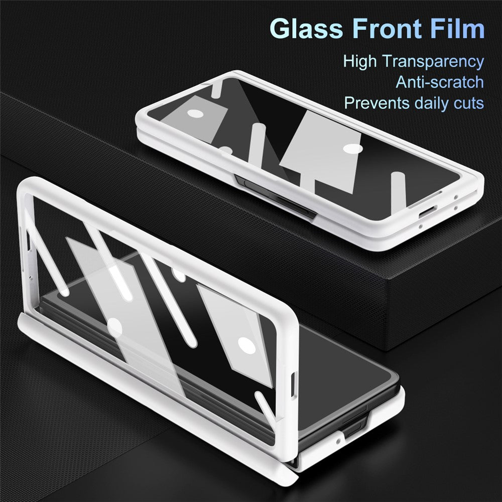 For Samsung Galaxy Z Fold7 5G Case Kickstand PC Phone Back Cover with Stylus and Tempered Glass Film - White