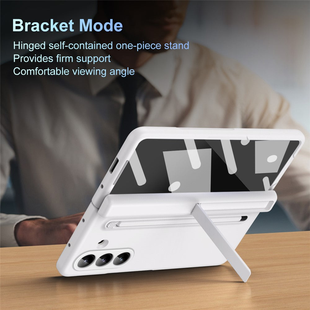For Samsung Galaxy Z Fold7 5G Case Kickstand PC Phone Back Cover with Stylus and Tempered Glass Film - White