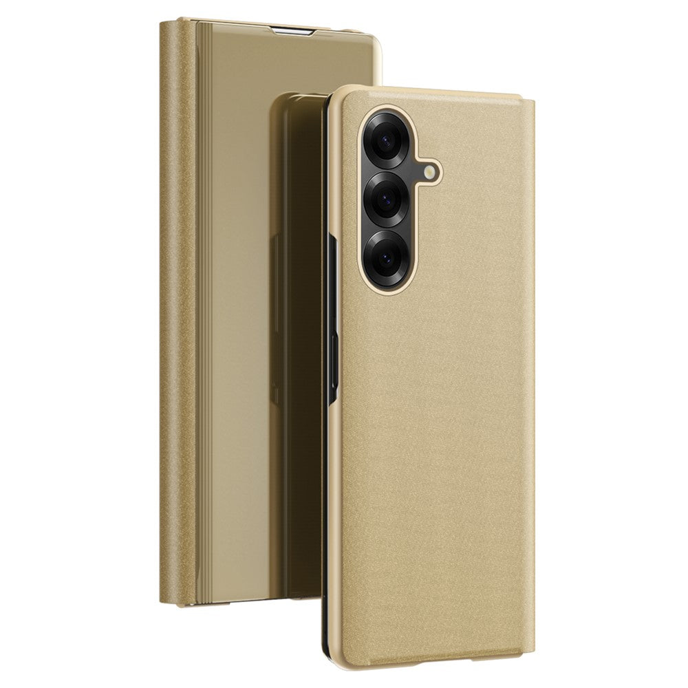 For Samsung Galaxy Z Fold7 5G Case View Window PU Leather + PC Electroplating Phone Cover - Gold