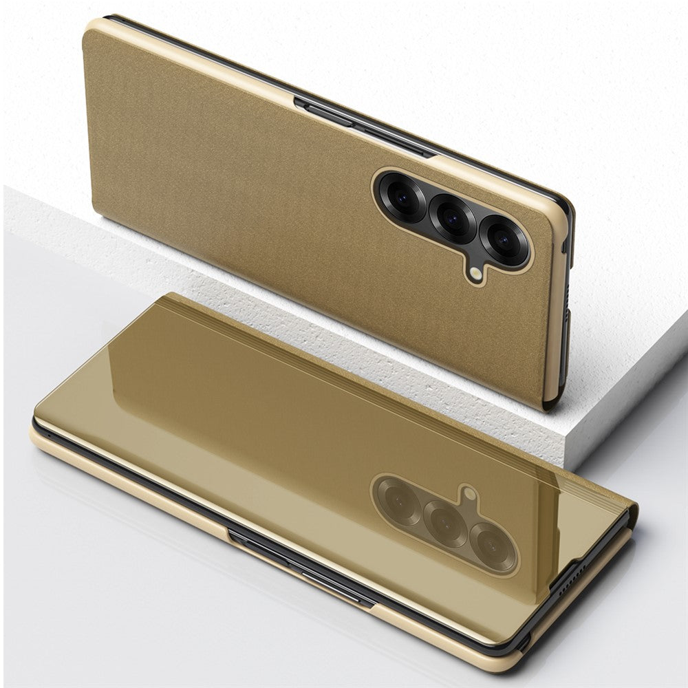 For Samsung Galaxy Z Fold7 5G Case View Window PU Leather + PC Electroplating Phone Cover - Gold
