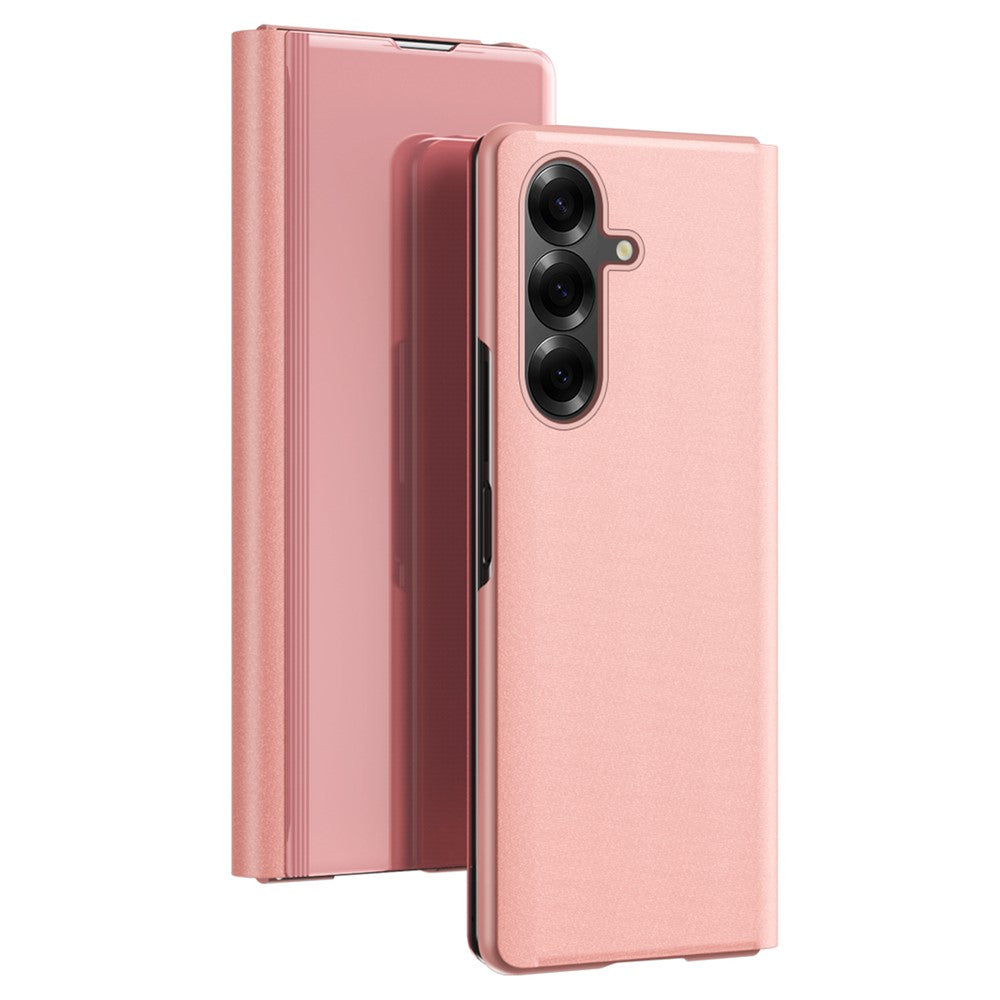 For Samsung Galaxy Z Fold7 5G Case View Window PU Leather + PC Electroplating Phone Cover - Rose Gold