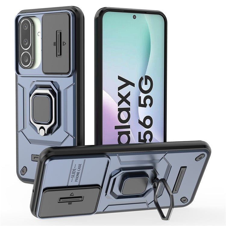 For Samsung Galaxy M56 5G Case PC + TPU Kickstand Phone Protector with Lens Cover - Blue