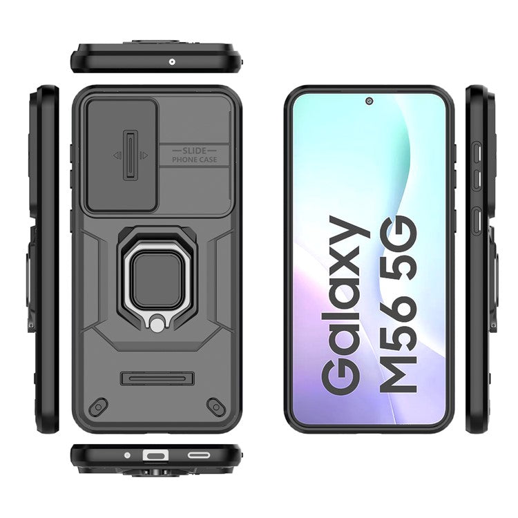 For Samsung Galaxy M56 5G Case PC + TPU Kickstand Phone Protector with Lens Cover - Black