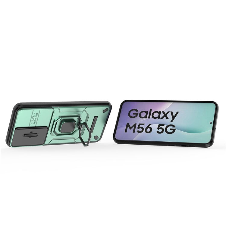 For Samsung Galaxy M56 5G Case PC + TPU Kickstand Phone Protector with Lens Cover - Green