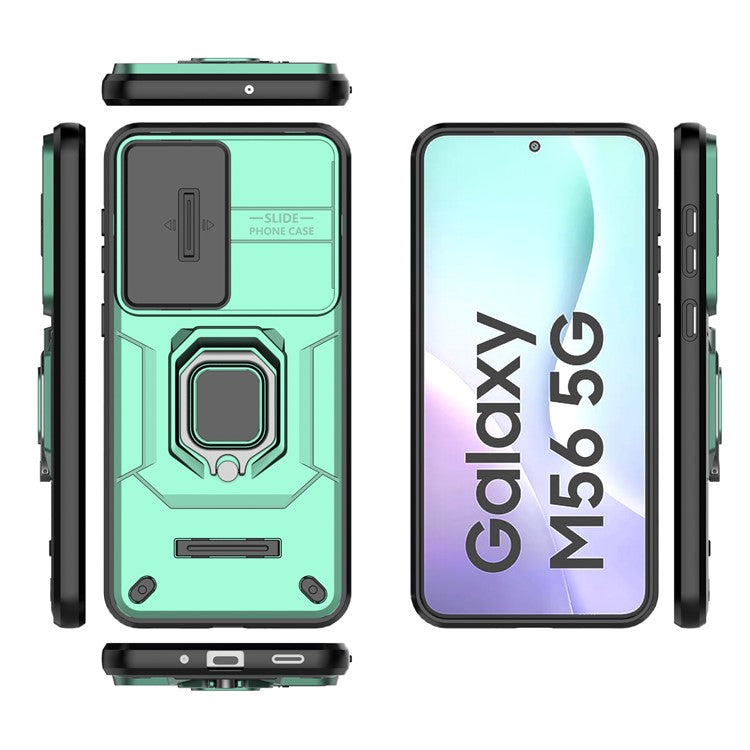 For Samsung Galaxy M56 5G Case PC + TPU Kickstand Phone Protector with Lens Cover - Green