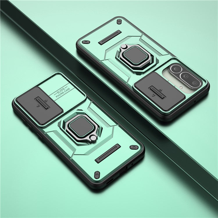 For Samsung Galaxy M56 5G Case PC + TPU Kickstand Phone Protector with Lens Cover - Green