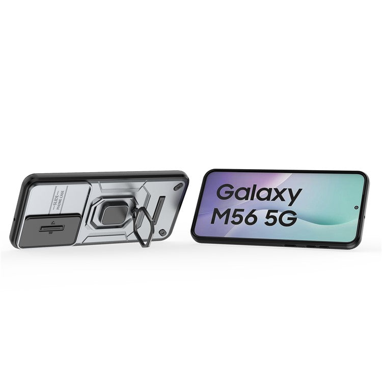 For Samsung Galaxy M56 5G Case PC + TPU Kickstand Phone Protector with Lens Cover - Grey