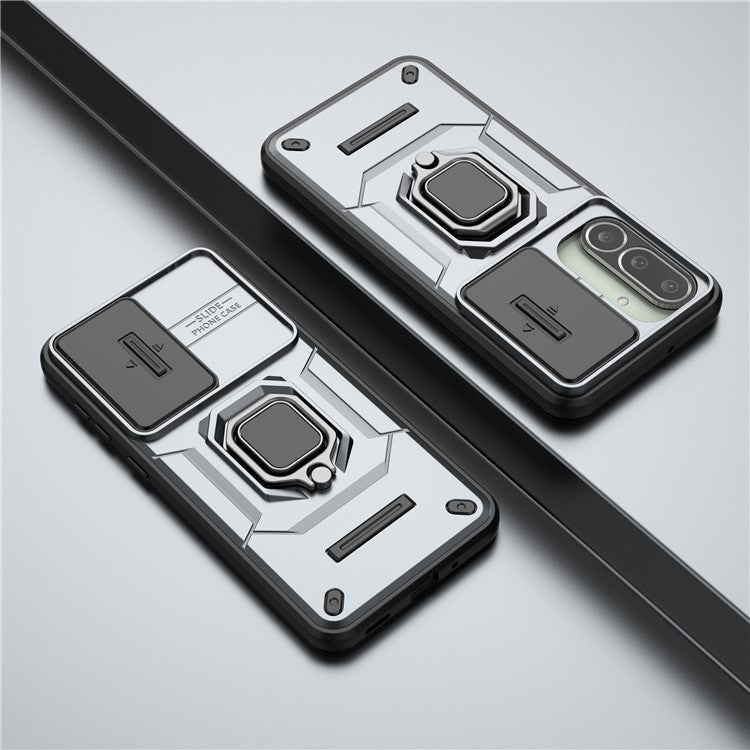 For Samsung Galaxy M56 5G Case PC + TPU Kickstand Phone Protector with Lens Cover - Grey