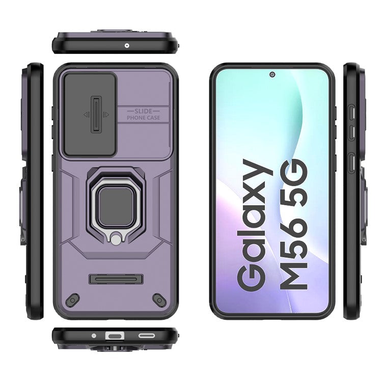 For Samsung Galaxy M56 5G Case PC + TPU Kickstand Phone Protector with Lens Cover - Purple