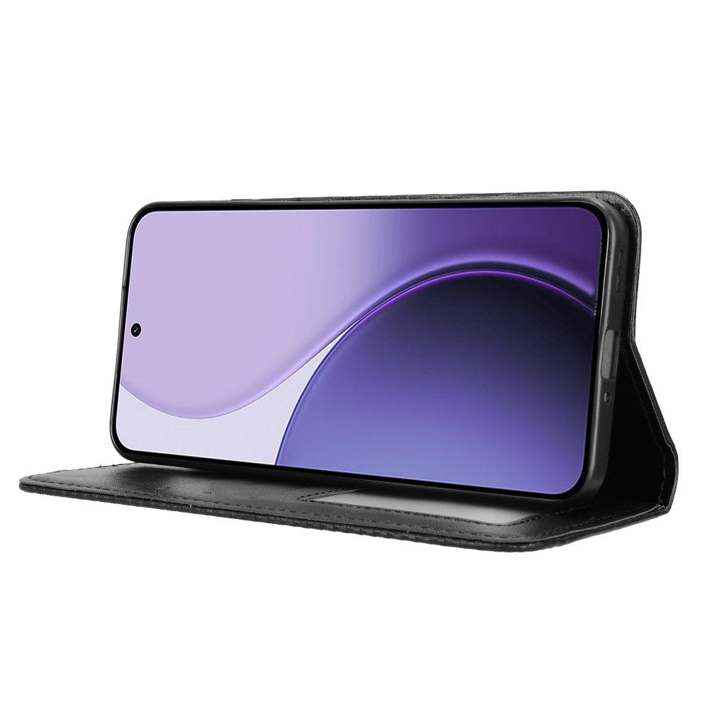 For Oppo Reno14 Pro 5G (Global) Leather Case Wallet Stand Retro Texture Phone Cover - Black