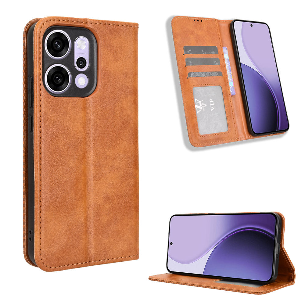 For Oppo Reno14 5G (Global) Leather Case Wallet Stand Retro Texture Phone Cover - Brown