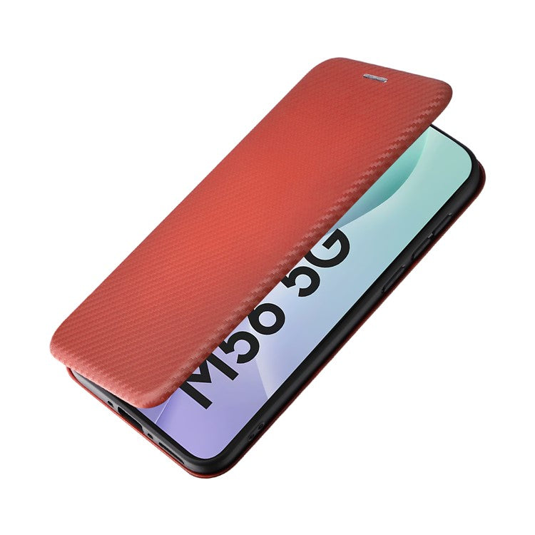For Samsung Galaxy M56 5G Case Carbon Fiber Texture Drop-Proof PU Leather Phone Cover - Brown