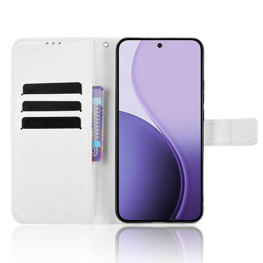 For Oppo Reno14 Pro 5G (Global) Leather Wallet Case with Strap Diamond Texture Phone Cover - White