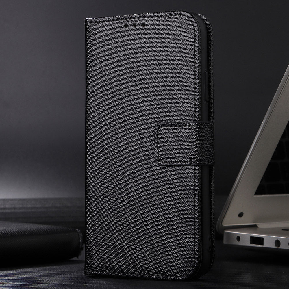 For Oppo Reno14 5G (Global) Leather Wallet Case with Strap Diamond Texture Phone Cover - Black