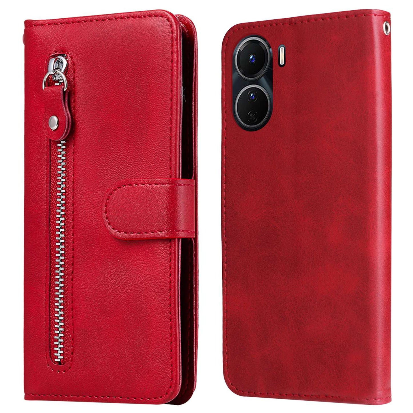 For vivo Y02s 4G / Y16 4G Zipper Pocket Phone Case Calf Texture PU Leather Wallet Folio Flip Stand Anti-drop Cover - Red