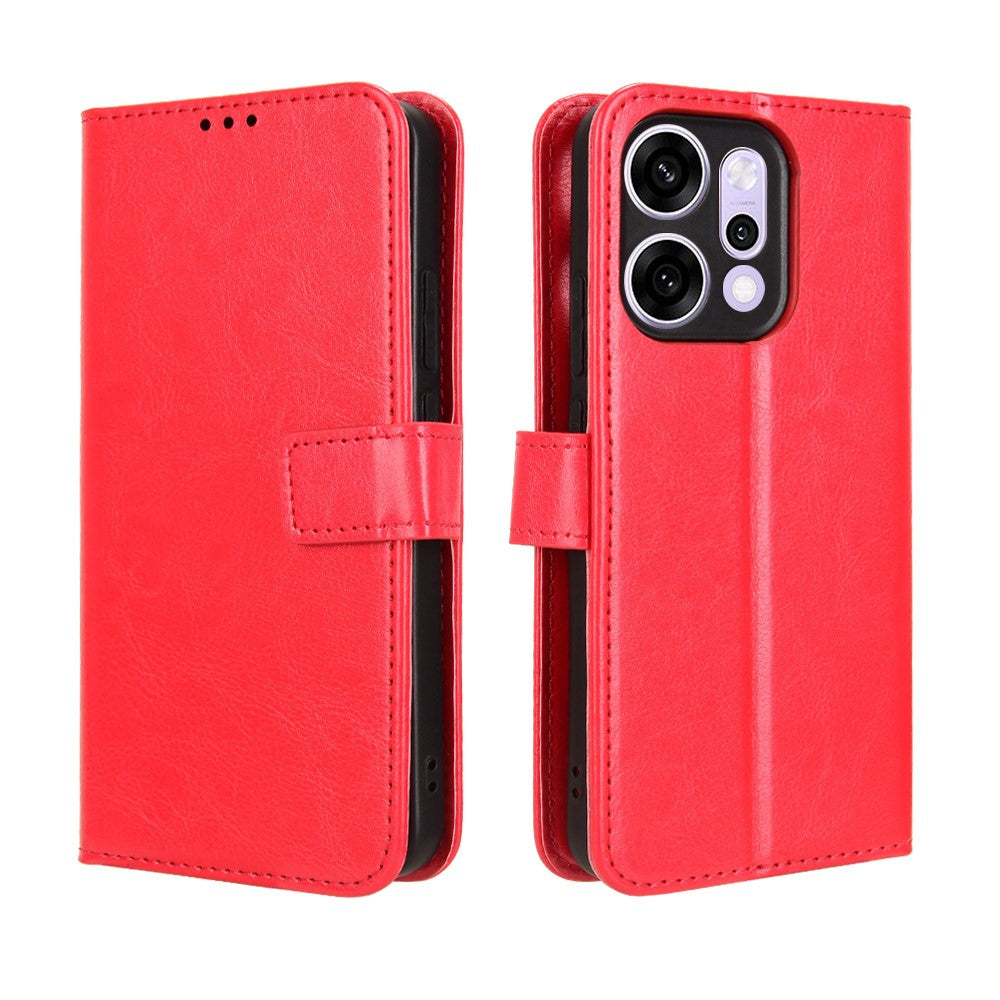 For Oppo Reno14 Pro 5G (Global) PU Leather Case with Strap Crazy Horse Texture Phone Wallet Cover - Red