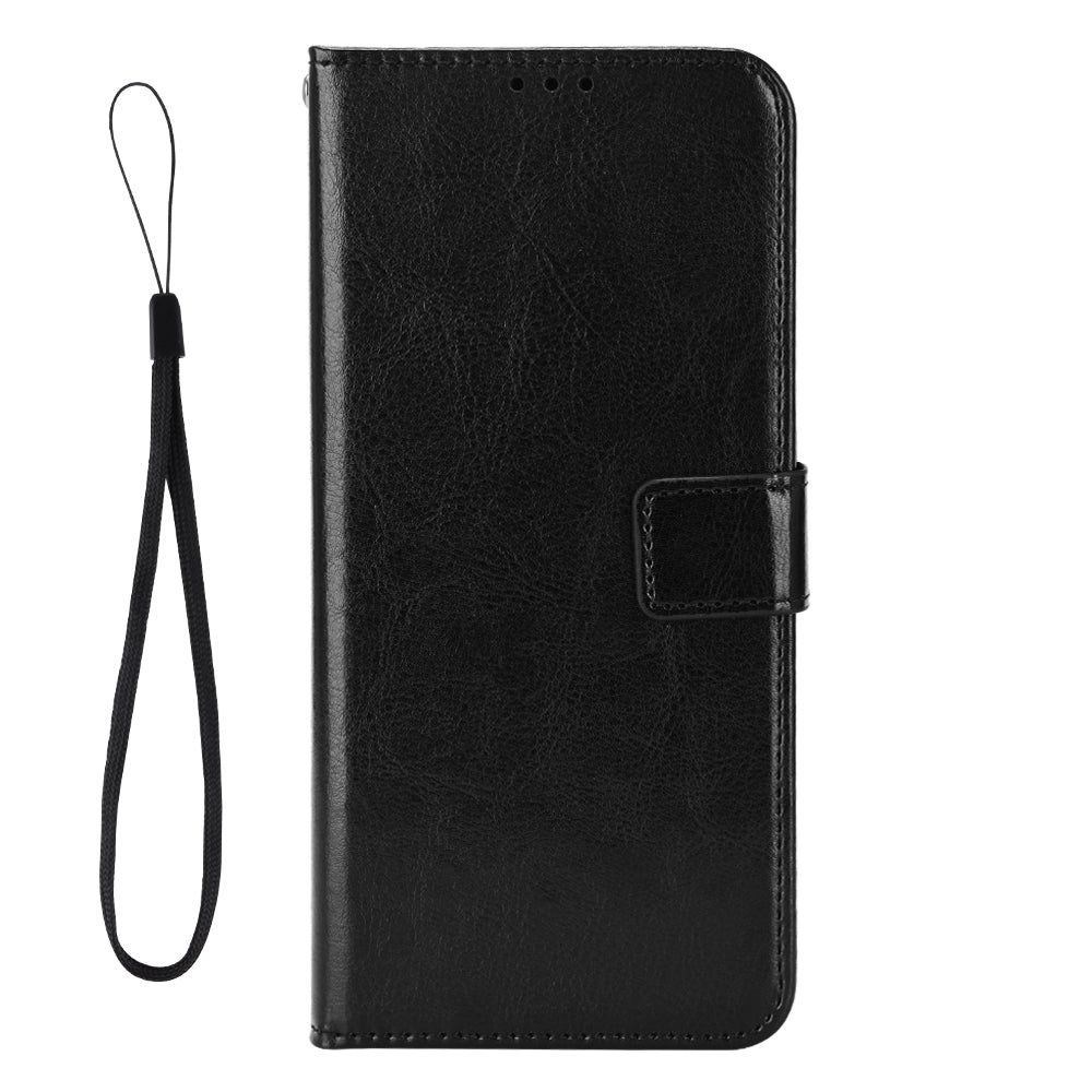 For Oppo Reno14 5G (Global) PU Leather Case with Strap Crazy Horse Texture Phone Wallet Cover - Black