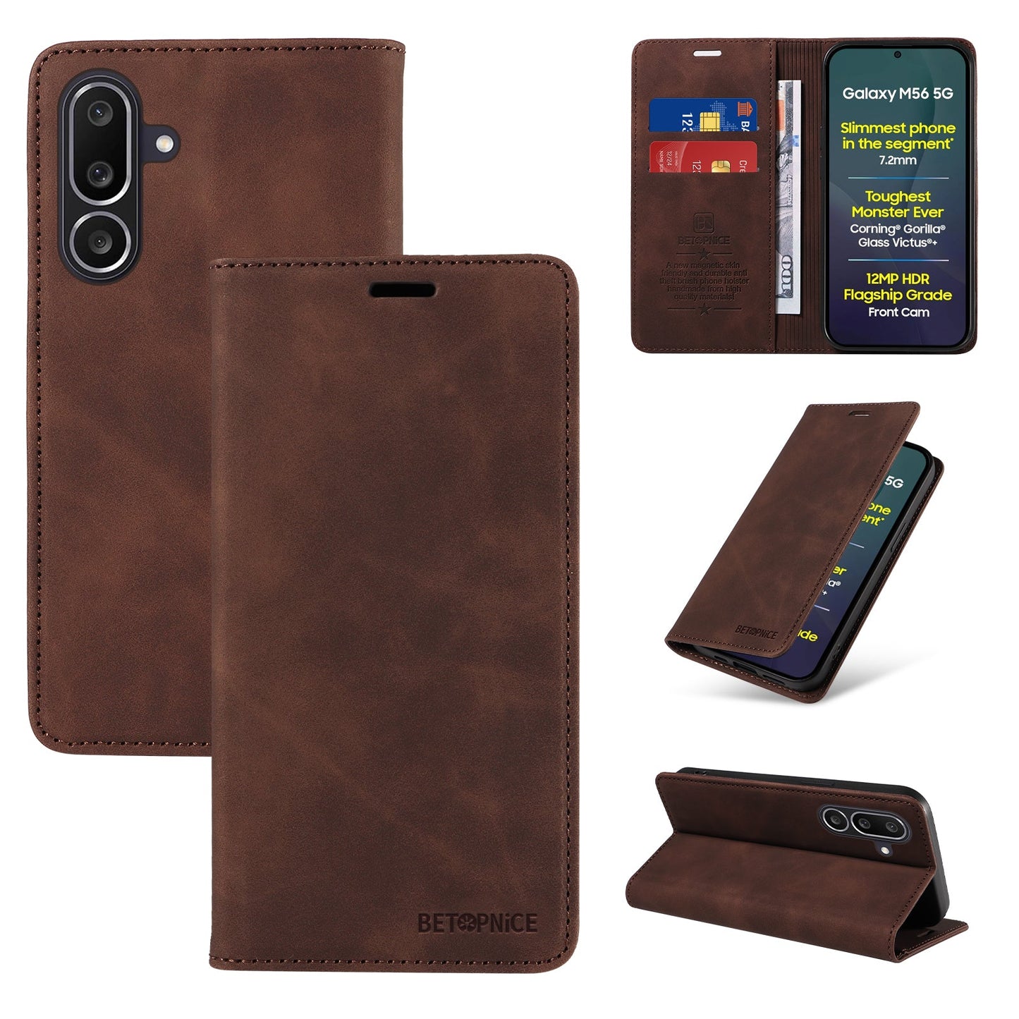 For Samsung Galaxy M56 5G Case BETOPNICE Magnetic Closure RFID Blocking Wallet Stand Leather Phone Cover - Brown