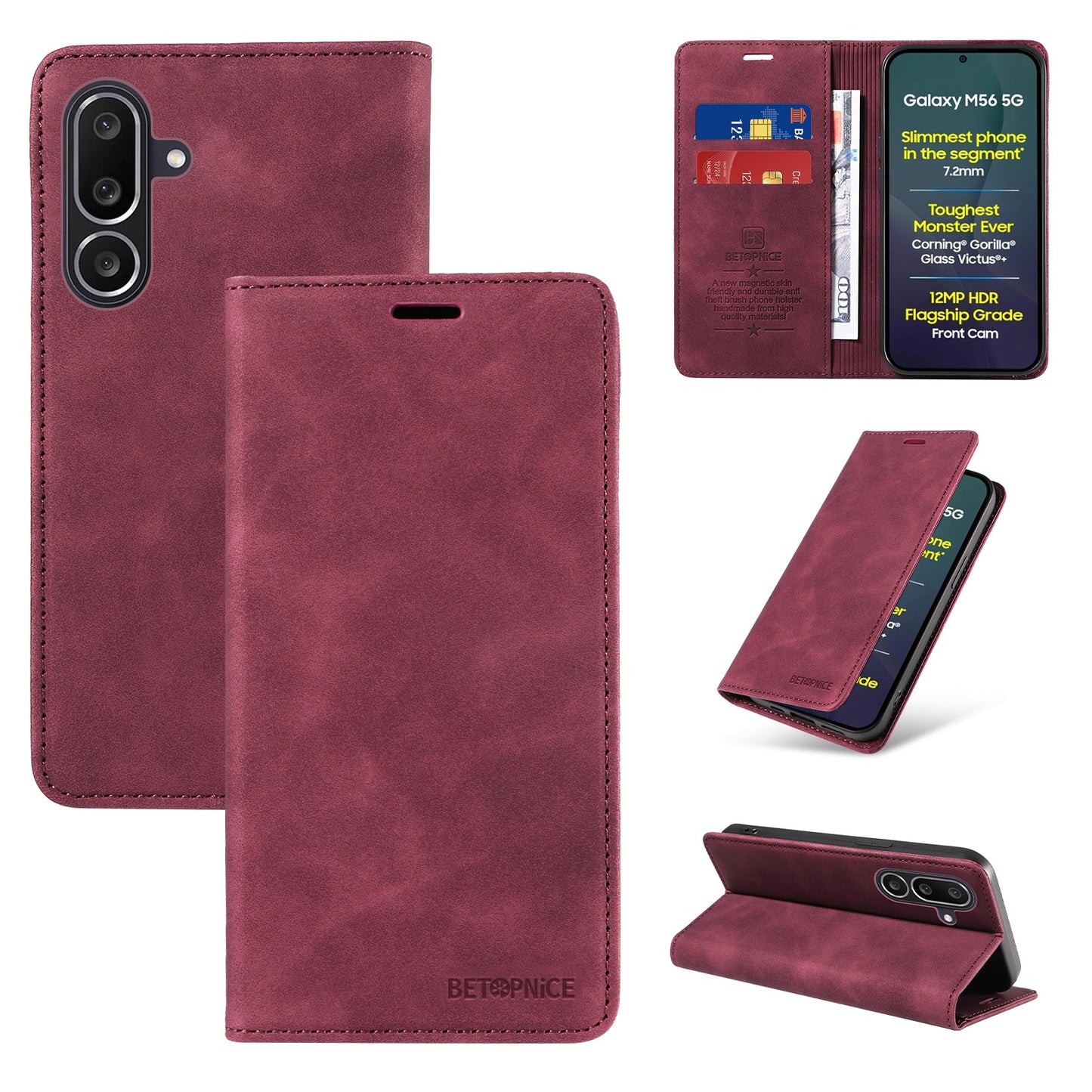 For Samsung Galaxy M56 5G Case BETOPNICE Magnetic Closure RFID Blocking Wallet Stand Leather Phone Cover - Red