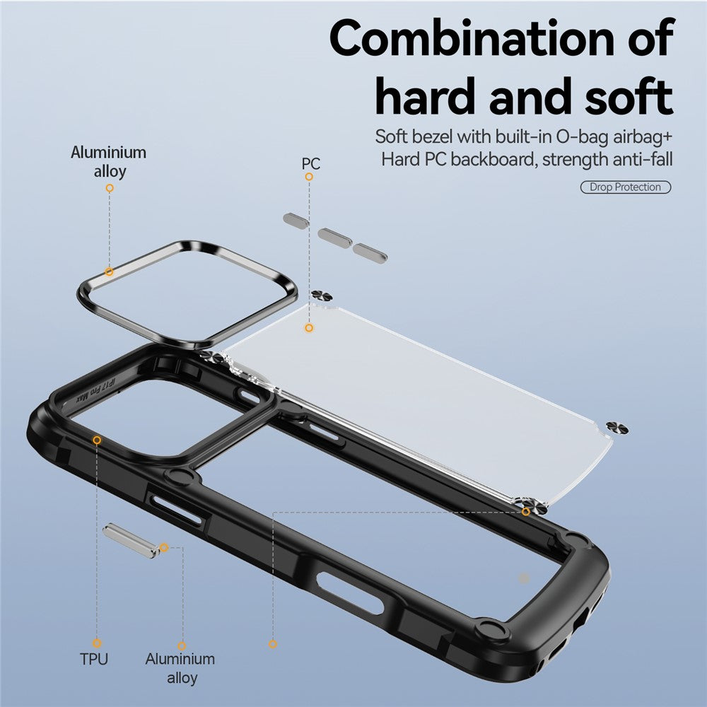 For iPhone 17 Pro Max Case Alloy Lens Frame PC + TPU Anti-Drop Phone Cover - Black