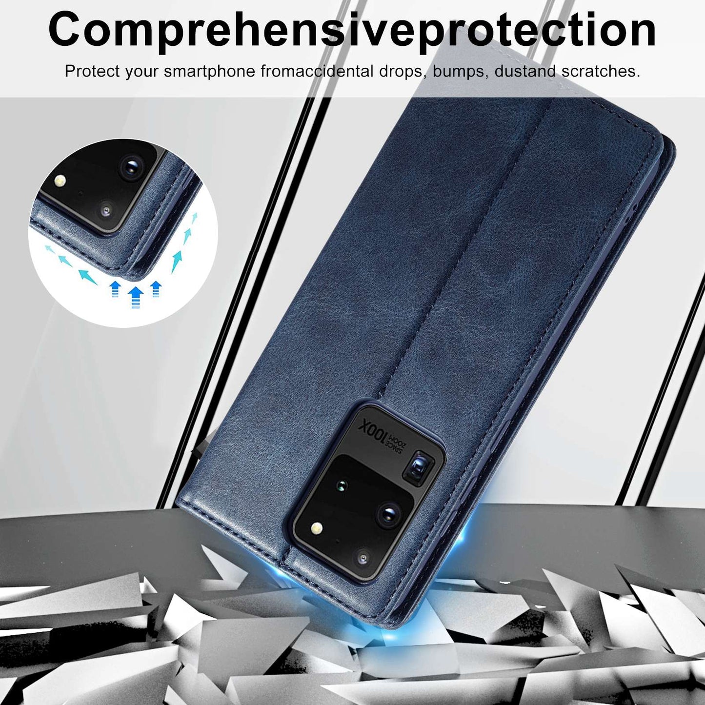 LC.IMEEKE For Samsung Galaxy S20 Ultra PU Leather Magnetic Auto-absorbed Flip Case RFID Blocking Wallet Stand Phone Cover - Blue