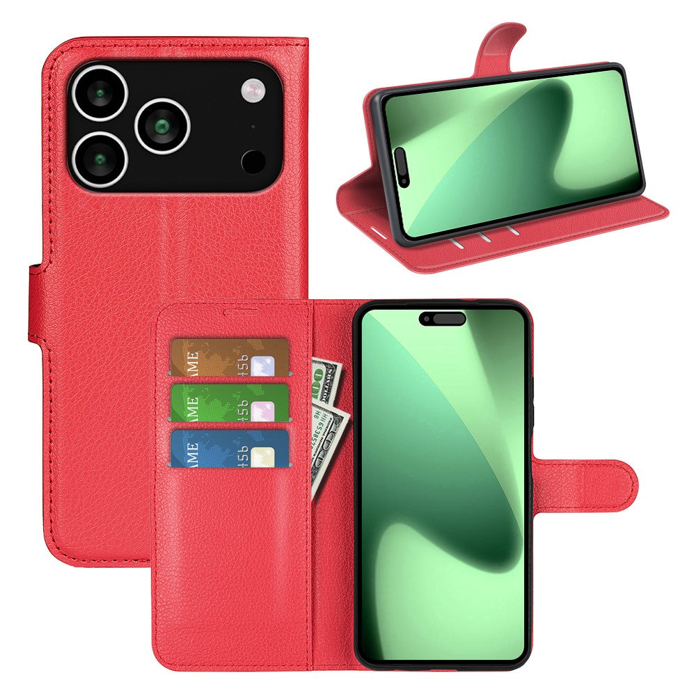 For iPhone 17 Pro Max Case Litchi Texture Shockproof Leather Wallet Phone Cover - Red
