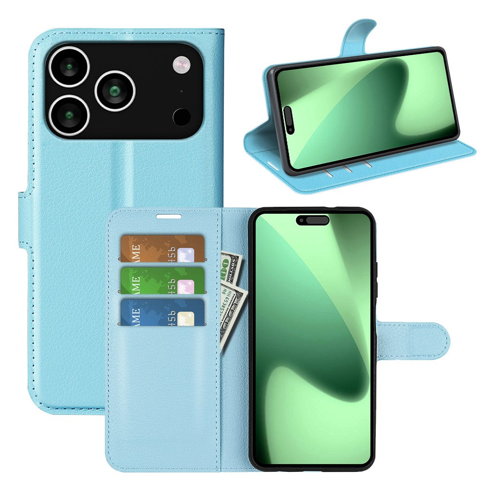 For iPhone 17 Pro Max Case Litchi Texture Shockproof Leather Wallet Phone Cover - Blue