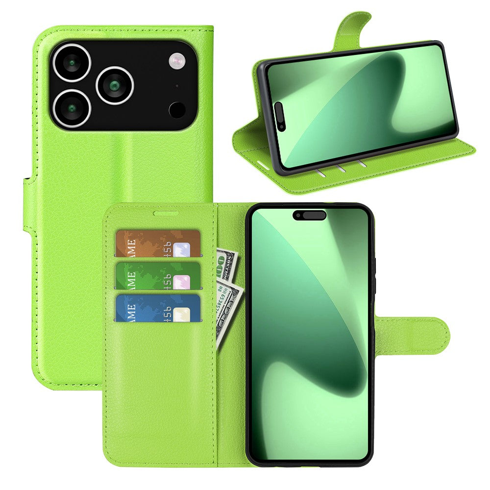 For iPhone 17 Pro Max Case Litchi Texture Shockproof Leather Wallet Phone Cover - Green