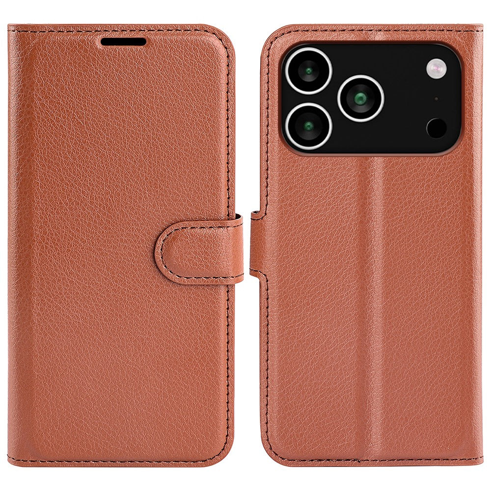For iPhone 17 Pro Max Case Litchi Texture Shockproof Leather Wallet Phone Cover - Brown