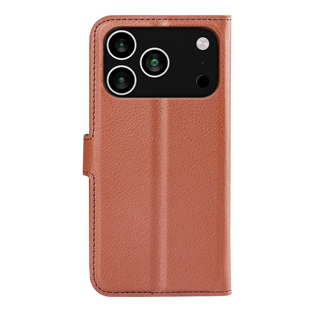 For iPhone 17 Pro Max Case Litchi Texture Shockproof Leather Wallet Phone Cover - Brown