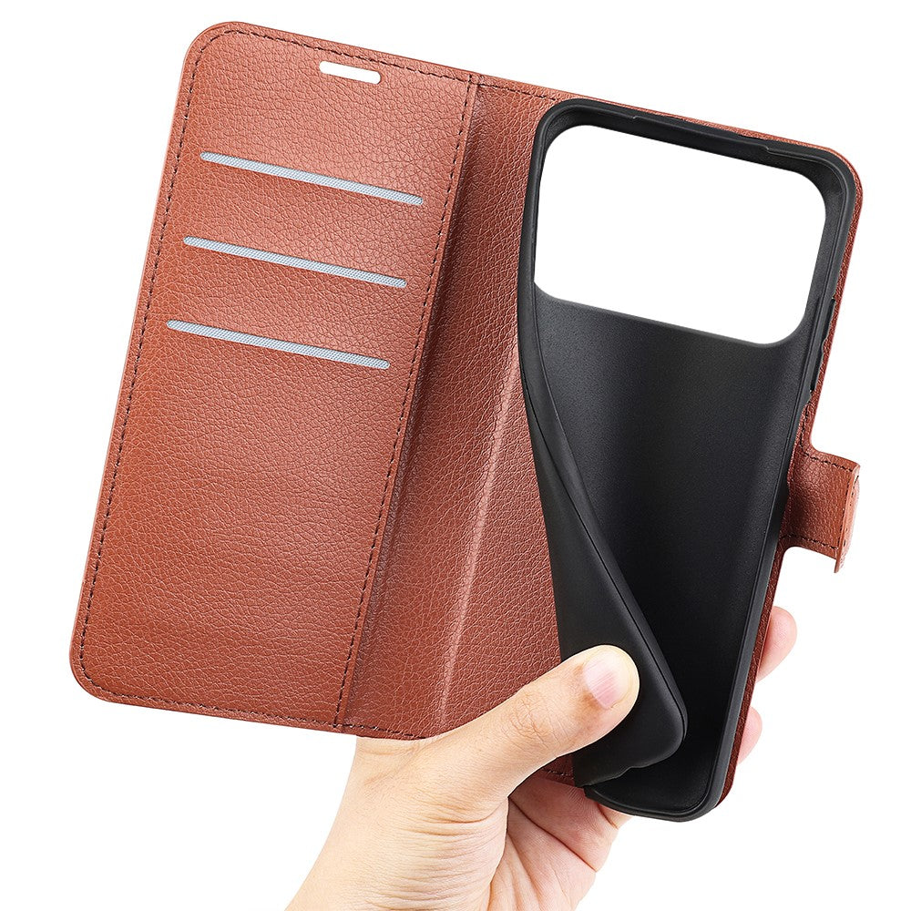For iPhone 17 Pro Max Case Litchi Texture Shockproof Leather Wallet Phone Cover - Brown