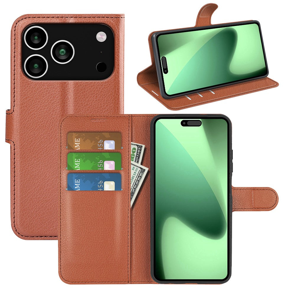 For iPhone 17 Pro Max Case Litchi Texture Shockproof Leather Wallet Phone Cover - Brown