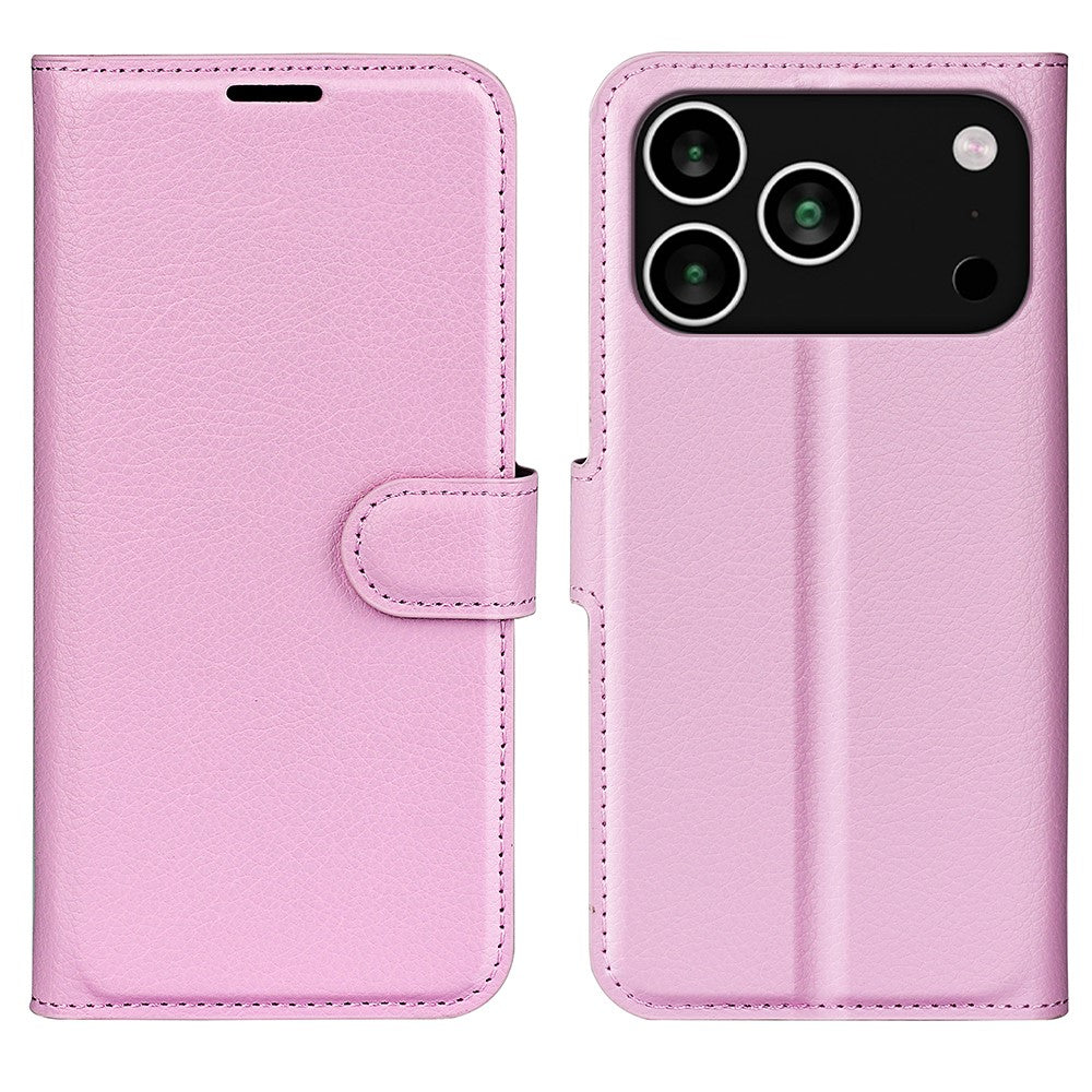 For iPhone 17 Pro Max Case Litchi Texture Shockproof Leather Wallet Phone Cover - Pink