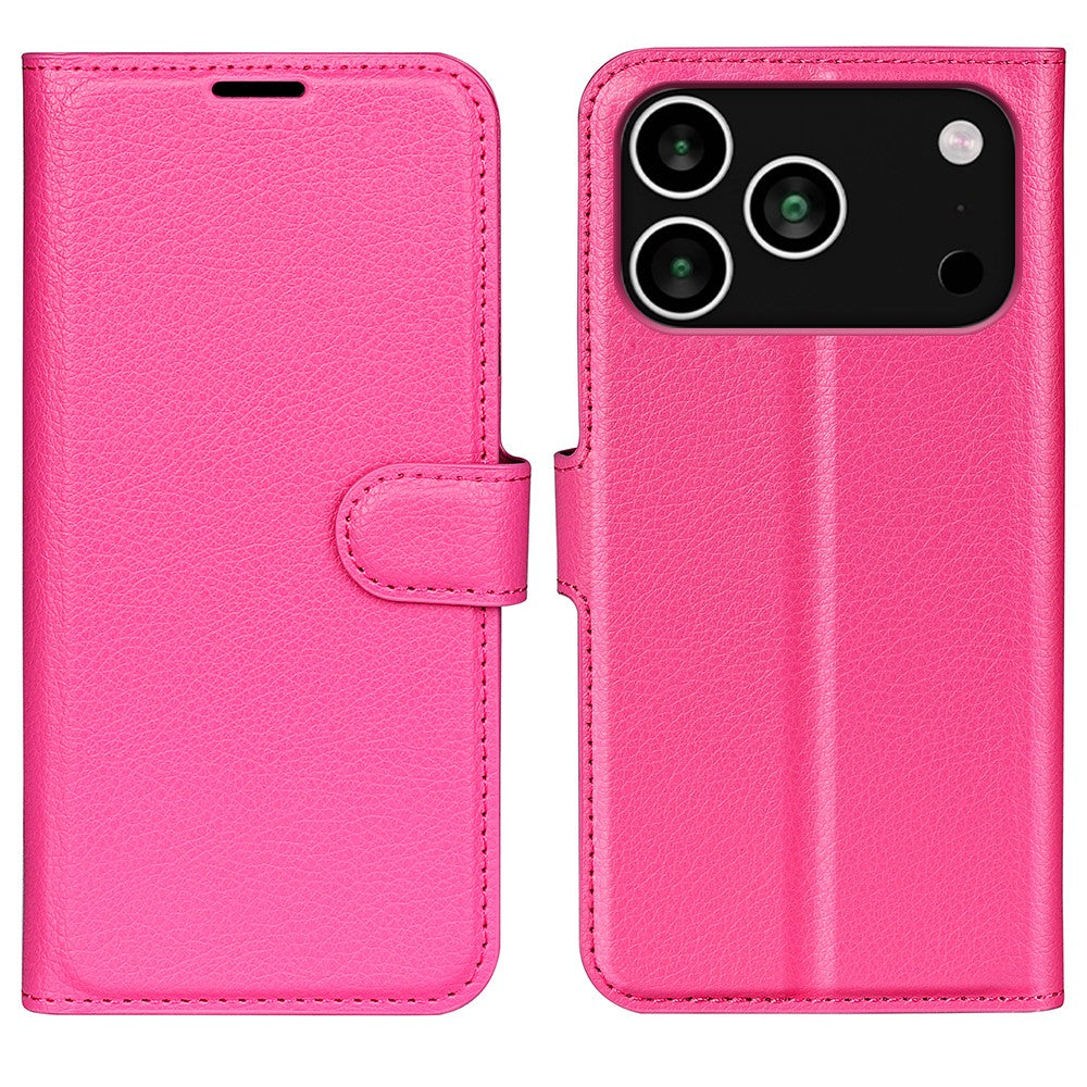 For iPhone 17 Pro Max Case Litchi Texture Shockproof Leather Wallet Phone Cover - Rose Red