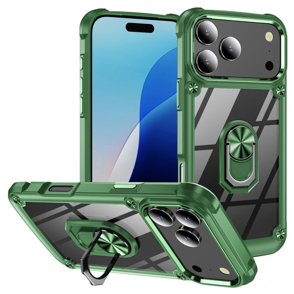 For iPhone 17 Pro Max Case Alloy Lens Frame PC + TPU Kickstand Phone Back Cover - Green
