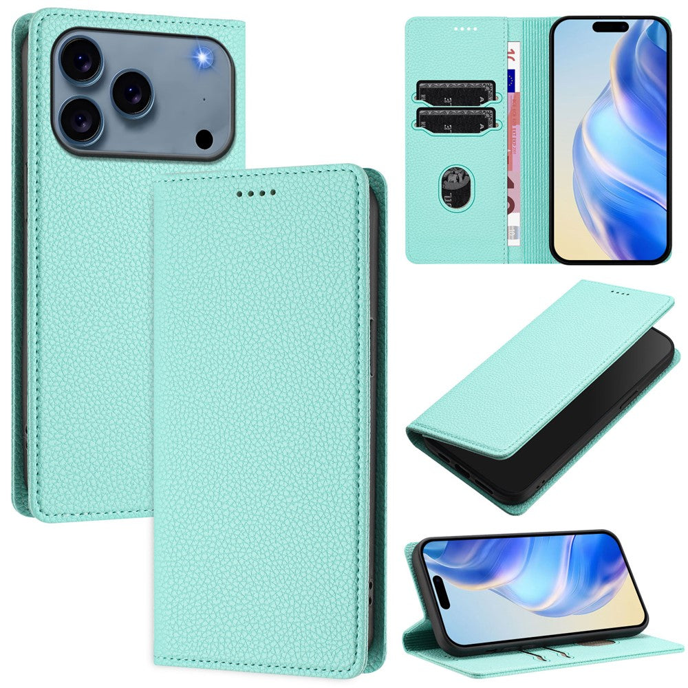 For iPhone 17 Pro Max Wallet Case RFID Blocking Litchi Texture Leather Mobile Cover - Mint Green