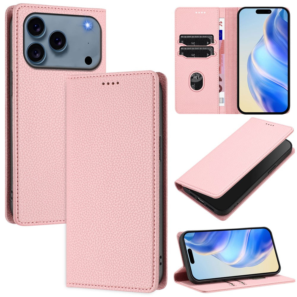 For iPhone 17 Pro Max Wallet Case RFID Blocking Litchi Texture Leather Mobile Cover - Pink