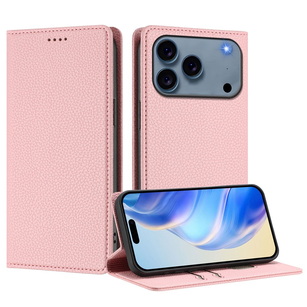 For iPhone 17 Pro Max Wallet Case RFID Blocking Litchi Texture Leather Mobile Cover - Pink