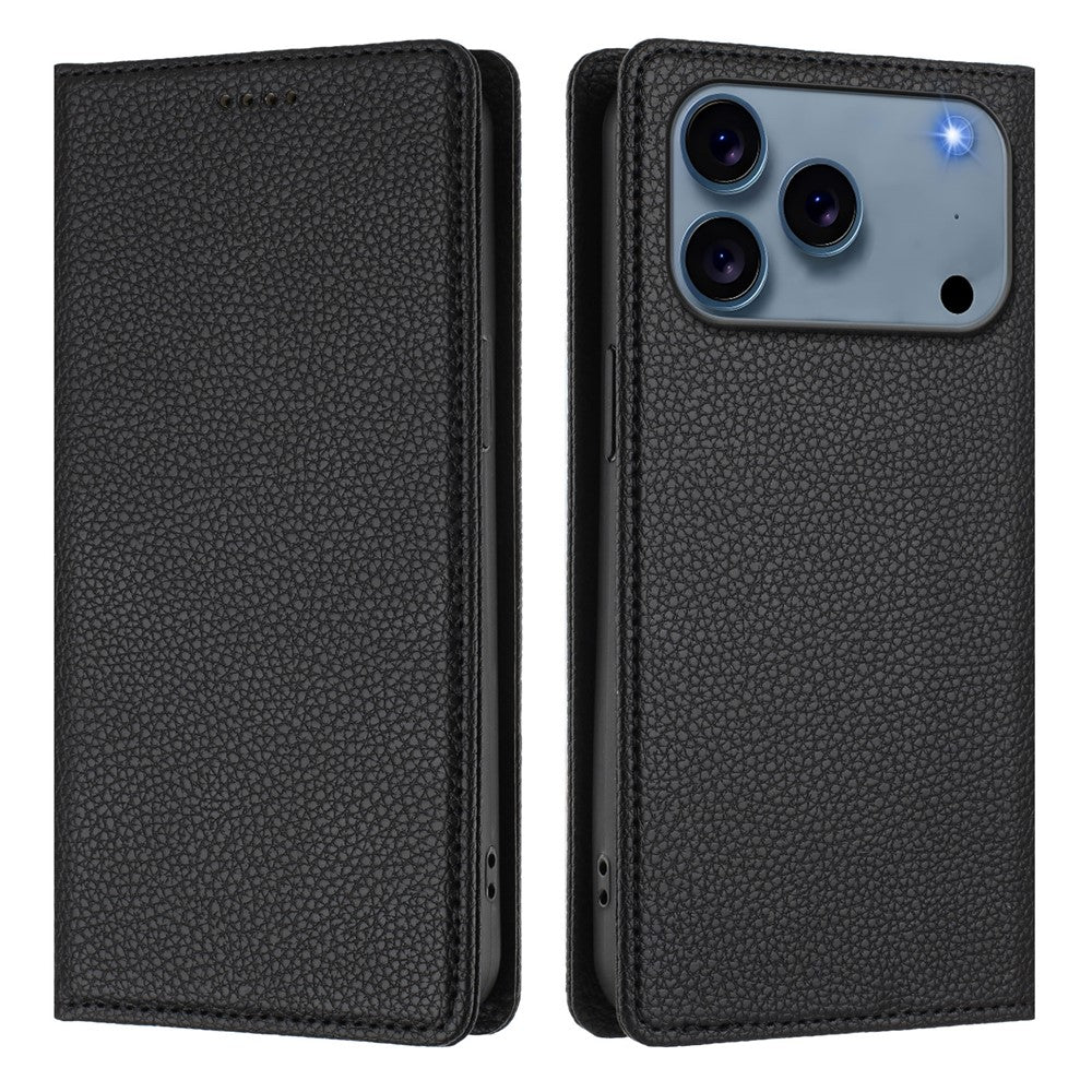 For iPhone 17 Pro Max Wallet Case RFID Blocking Litchi Texture Leather Mobile Cover - Black