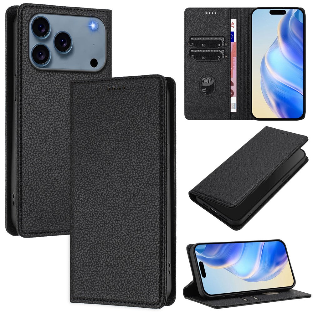 For iPhone 17 Pro Max Wallet Case RFID Blocking Litchi Texture Leather Mobile Cover - Black