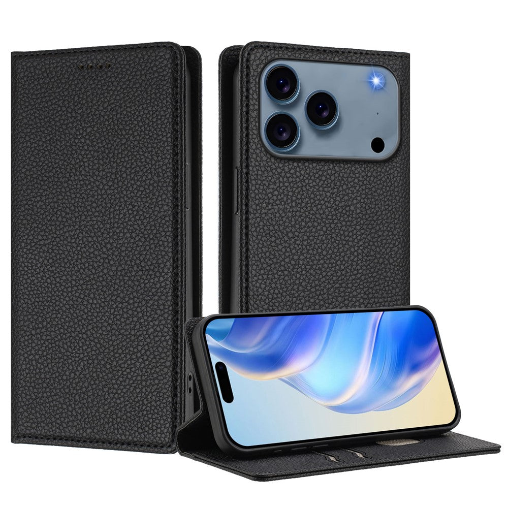 For iPhone 17 Pro Max Wallet Case RFID Blocking Litchi Texture Leather Mobile Cover - Black