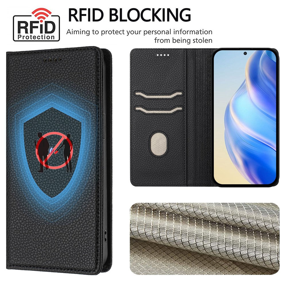 For iPhone 17 Pro Max Wallet Case RFID Blocking Litchi Texture Leather Mobile Cover - Black